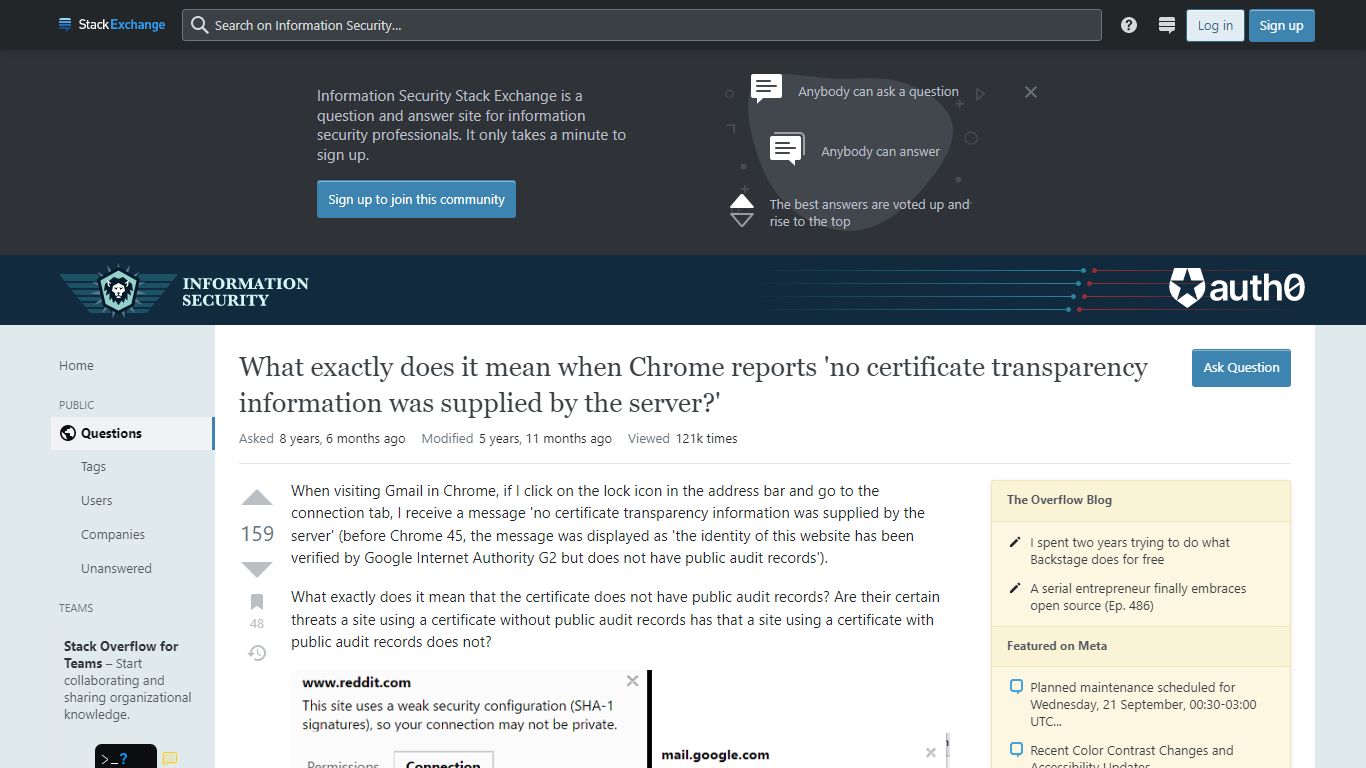 What exactly does it mean when Chrome reports 'no certificate ...